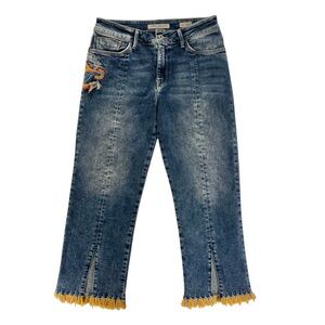 Mavi Niki Blue Boho Cropped Jeans with Colorful Rainbow Embroidery and Fringe